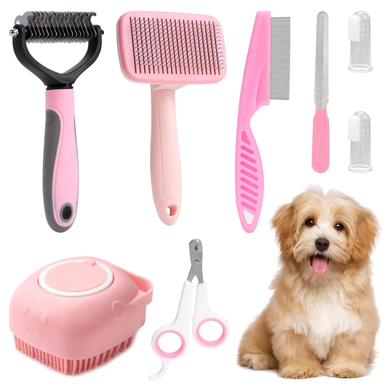 Kit de Toilettage Complet 8 Pièces pour Chien et Chat – Brosse Auto-Nettoyante, Coupe-Griffes, Lime, Peigne Anti-Puces et Brosse de Bain