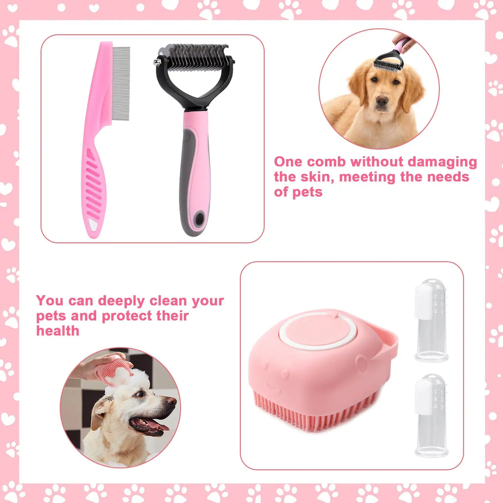 Kit de Toilettage Complet 8 Pièces pour Chien et Chat – Brosse Auto-Nettoyante, Coupe-Griffes, Lime, Peigne Anti-Puces et Brosse de Bain